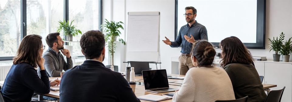 Un formateur anime une session de travail avec un groupe de salariés