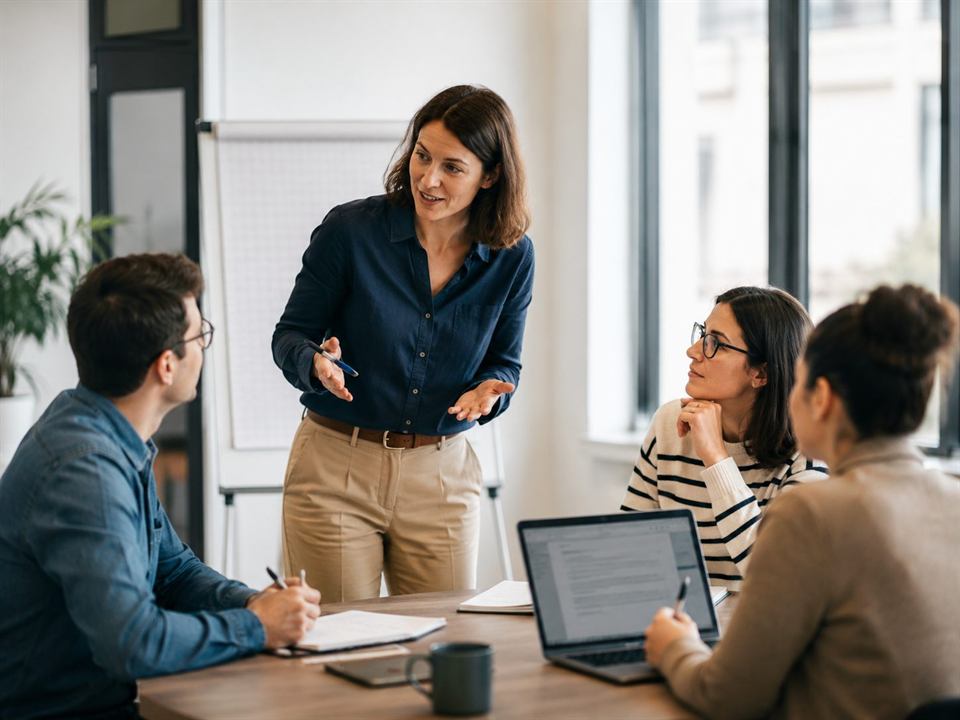 Une formatrice explique un point à un petit groupe de participants
